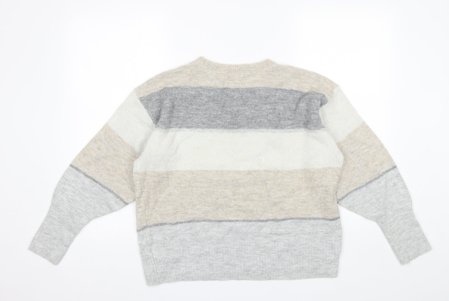 H&M Womens Grey Round Neck Striped Acrylic Pullover Jumper Size M