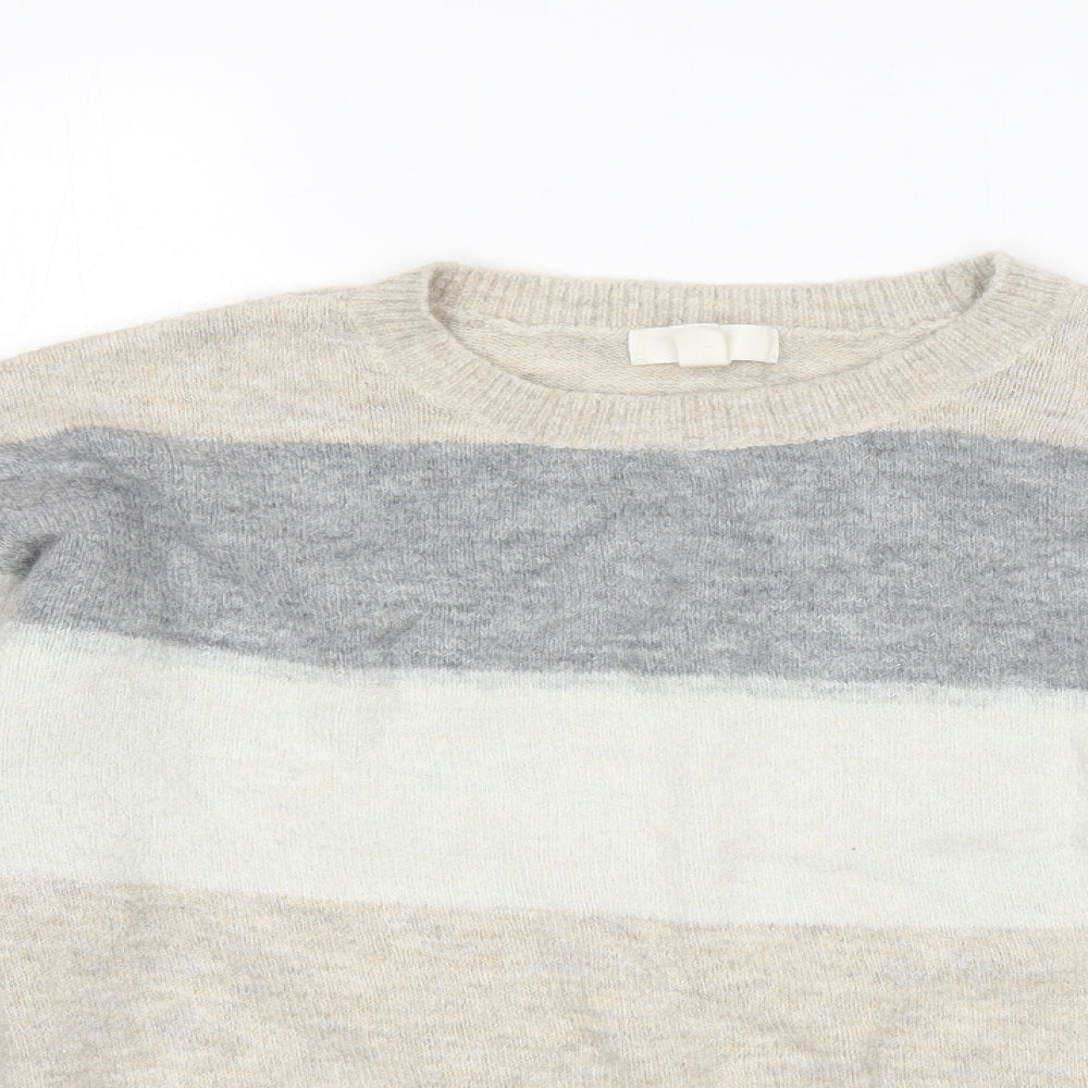 H&M Womens Grey Round Neck Striped Acrylic Pullover Jumper Size M
