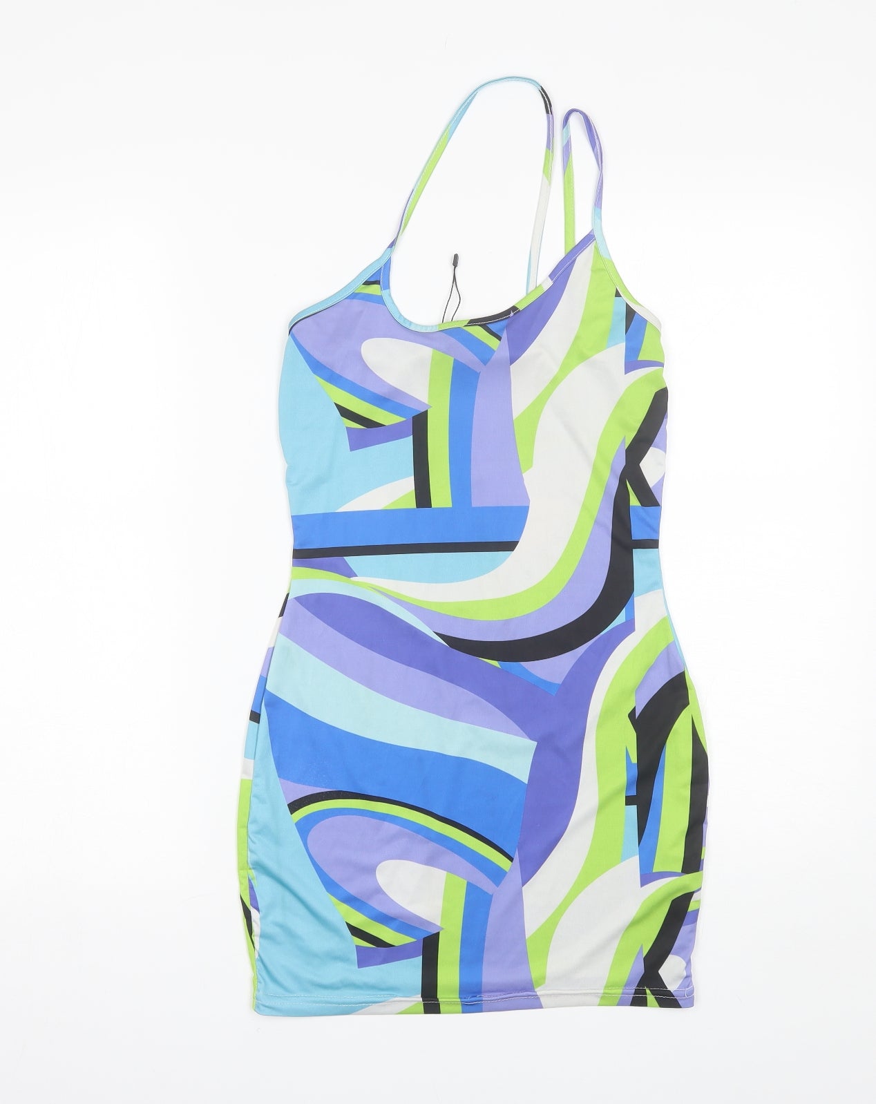 PRETTYLITTLETHING Womens Blue Geometric Polyester Mini  Size 6  Round Neck