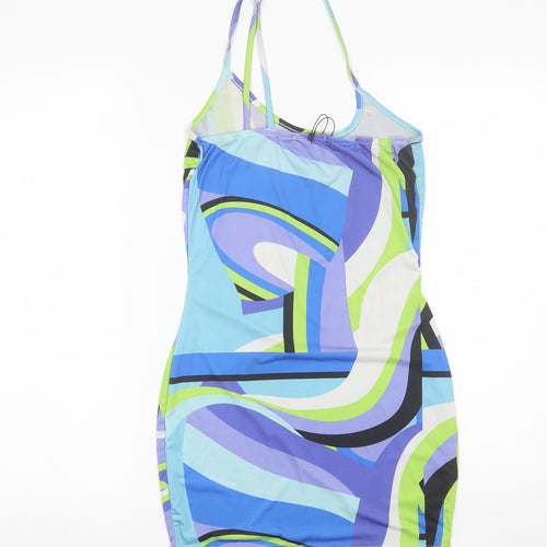 PRETTYLITTLETHING Womens Blue Geometric Polyester Mini  Size 6  Round Neck