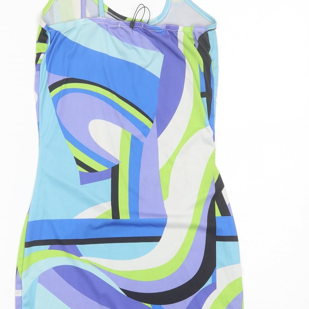 PRETTYLITTLETHING Womens Blue Geometric Polyester Mini  Size 6  Round Neck