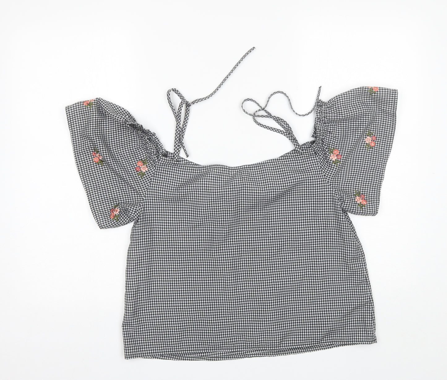 New Look Womens Black Plaid Polyester Basic Blouse Size 12 Square Neck