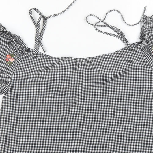 New Look Womens Black Plaid Polyester Basic Blouse Size 12 Square Neck
