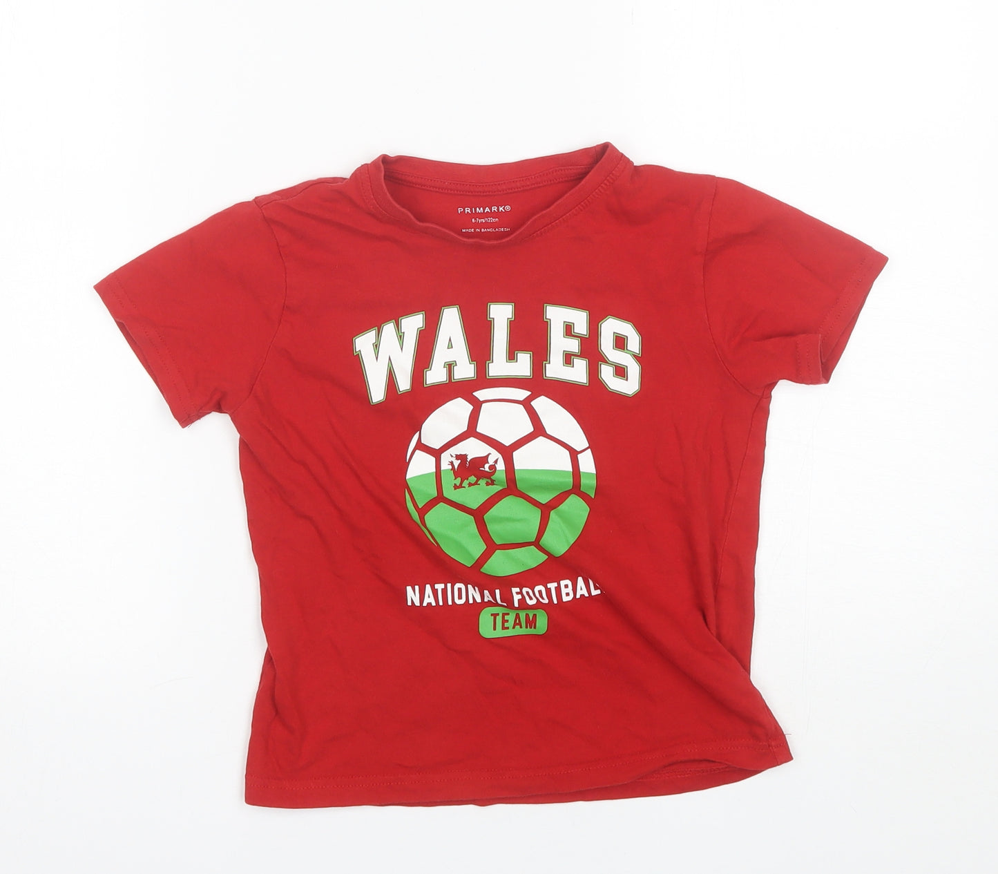 Primark Boys Red  Cotton Basic T-Shirt Size 6-7 Years Round Neck  - Wales
