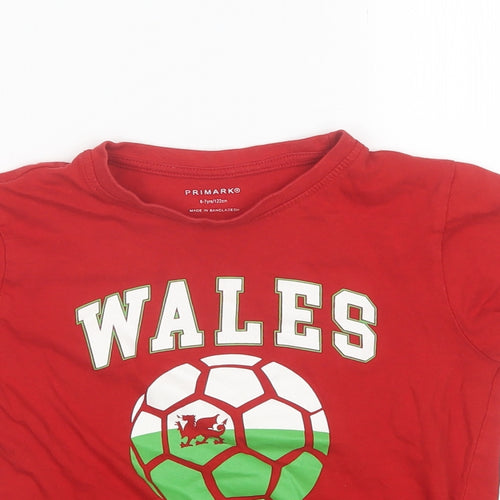 Primark Boys Red  Cotton Basic T-Shirt Size 6-7 Years Round Neck  - Wales