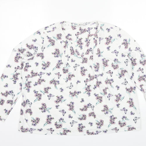 TU Womens White Floral Cotton Basic T-Shirt Size 14 V-Neck