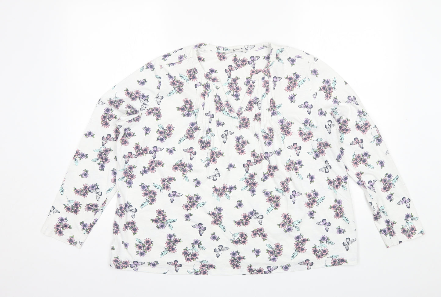 TU Womens White Floral Cotton Basic T-Shirt Size 14 V-Neck