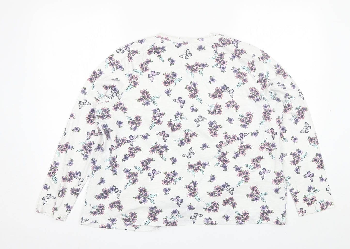 TU Womens White Floral Cotton Basic T-Shirt Size 14 V-Neck