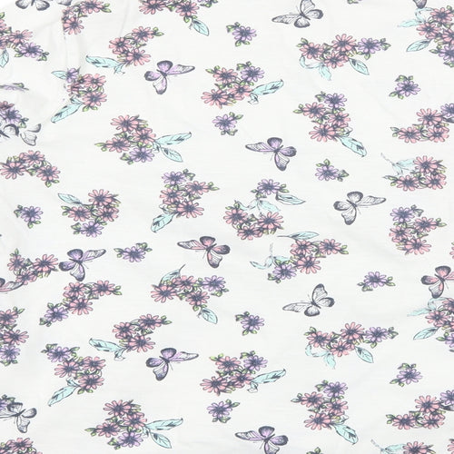 TU Womens White Floral Cotton Basic T-Shirt Size 14 V-Neck