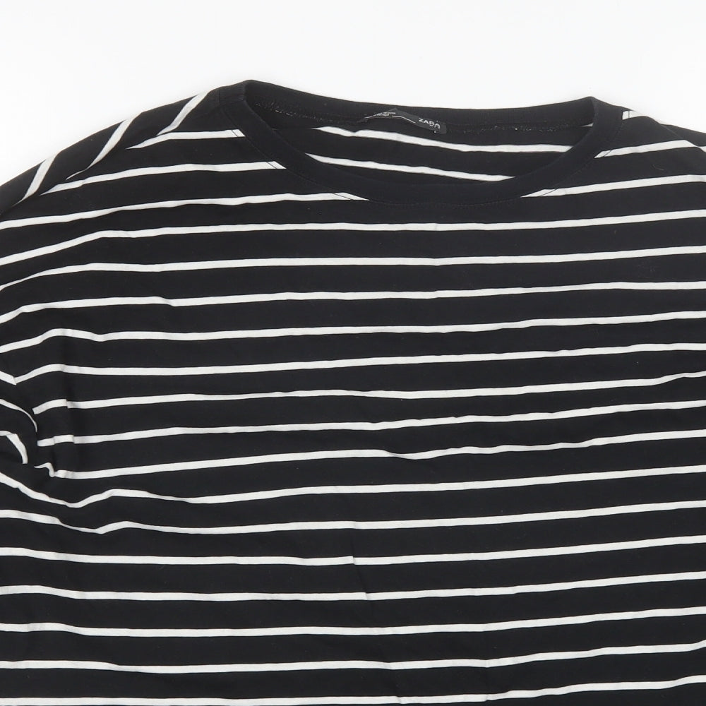 zara W&B Womens Black Striped Cotton Basic T-Shirt Size S Round Neck
