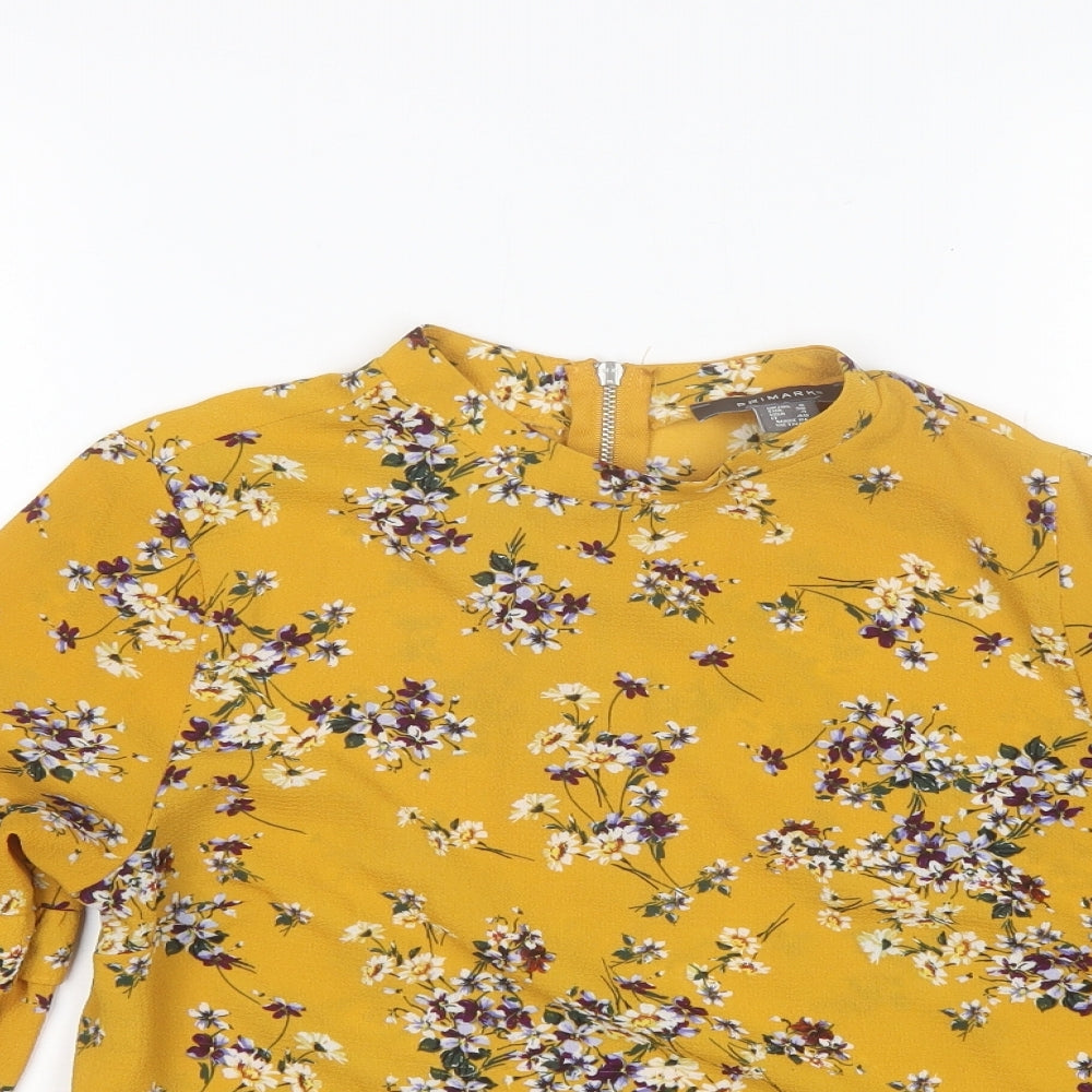 Primark Womens Yellow Floral Polyester Basic Blouse Size 8 Round Neck