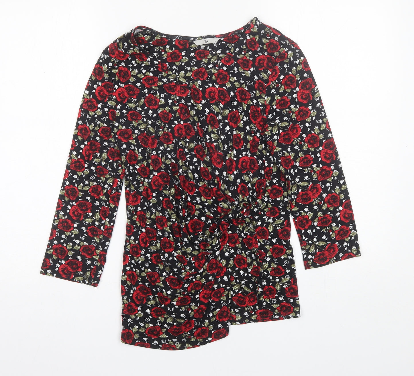 TU Womens Red Floral Cotton Blend Basic Blouse Size 12 V-Neck