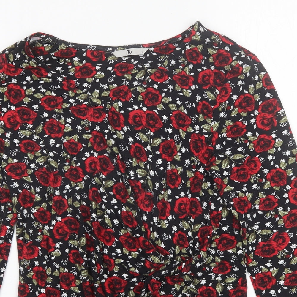 TU Womens Red Floral Cotton Blend Basic Blouse Size 12 V-Neck