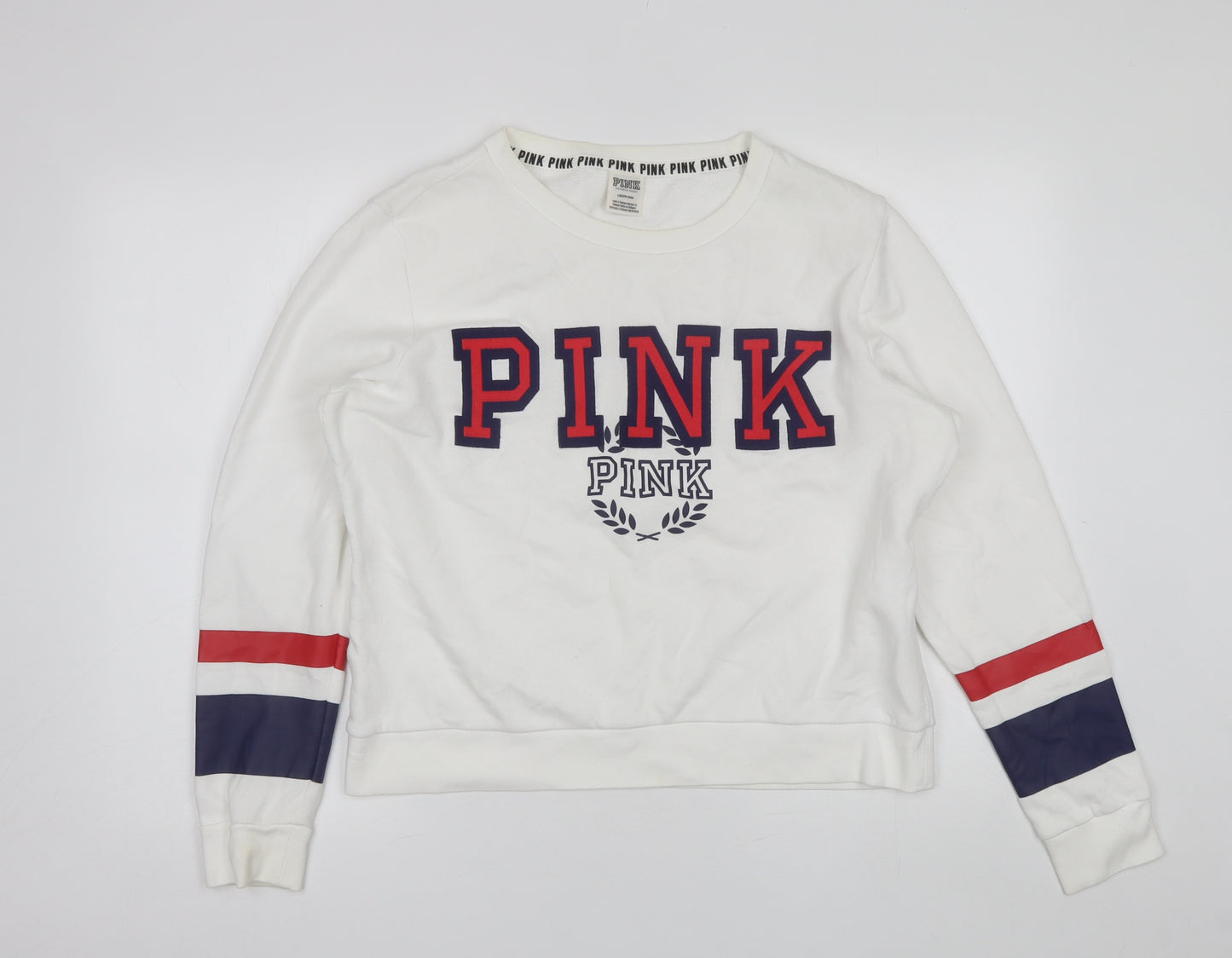 PINK Womens White Round Neck  Cotton Pullover Jumper Size L