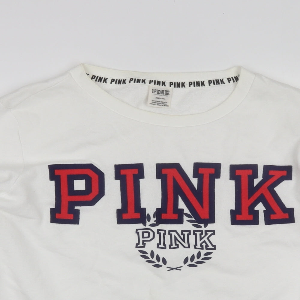 PINK Womens White Round Neck  Cotton Pullover Jumper Size L