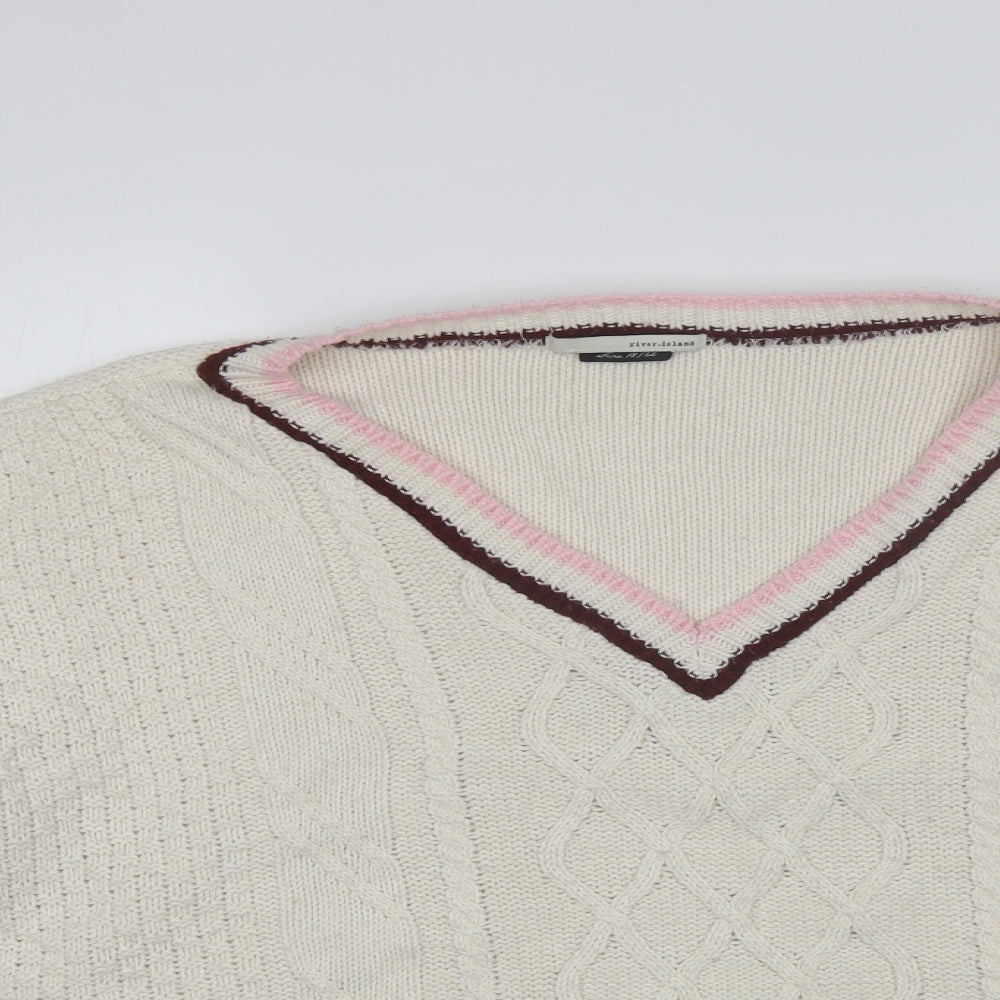 River Island Womens White V-Neck  Acrylic Pullover Jumper Size 18