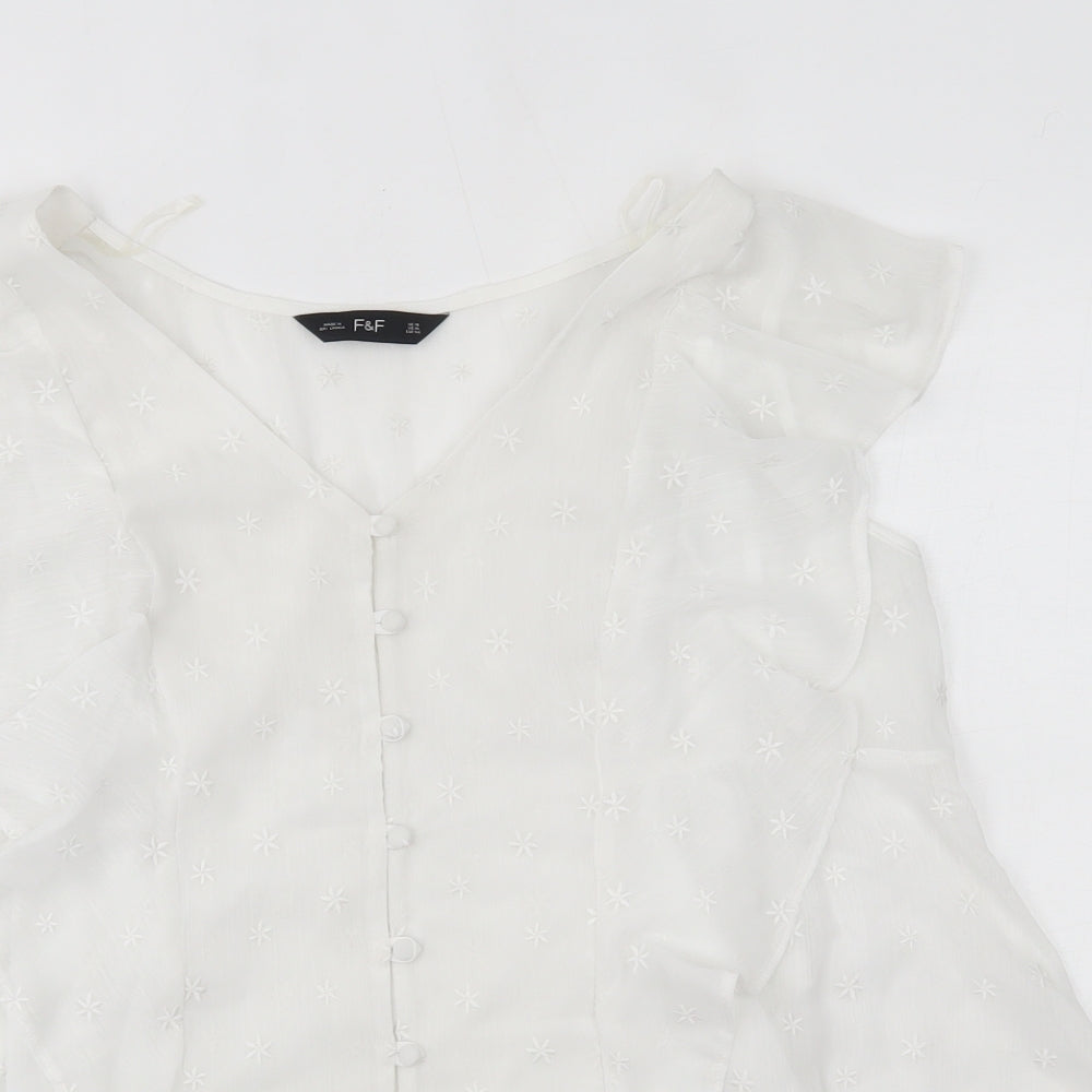 F&F Womens White Floral Polyester Basic Blouse Size 18 V-Neck