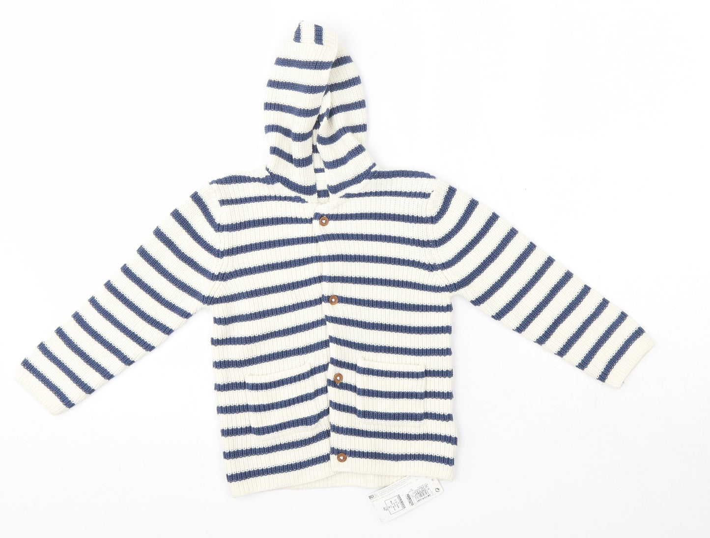 M&S Girls Blue High Neck Striped 100% Cotton Cardigan Jumper Size 2-3 Years