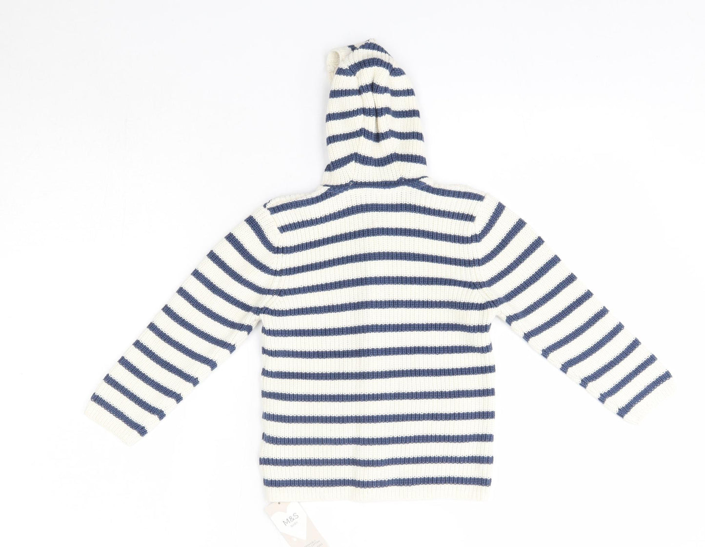 M&S Girls Blue High Neck Striped 100% Cotton Cardigan Jumper Size 2-3 Years