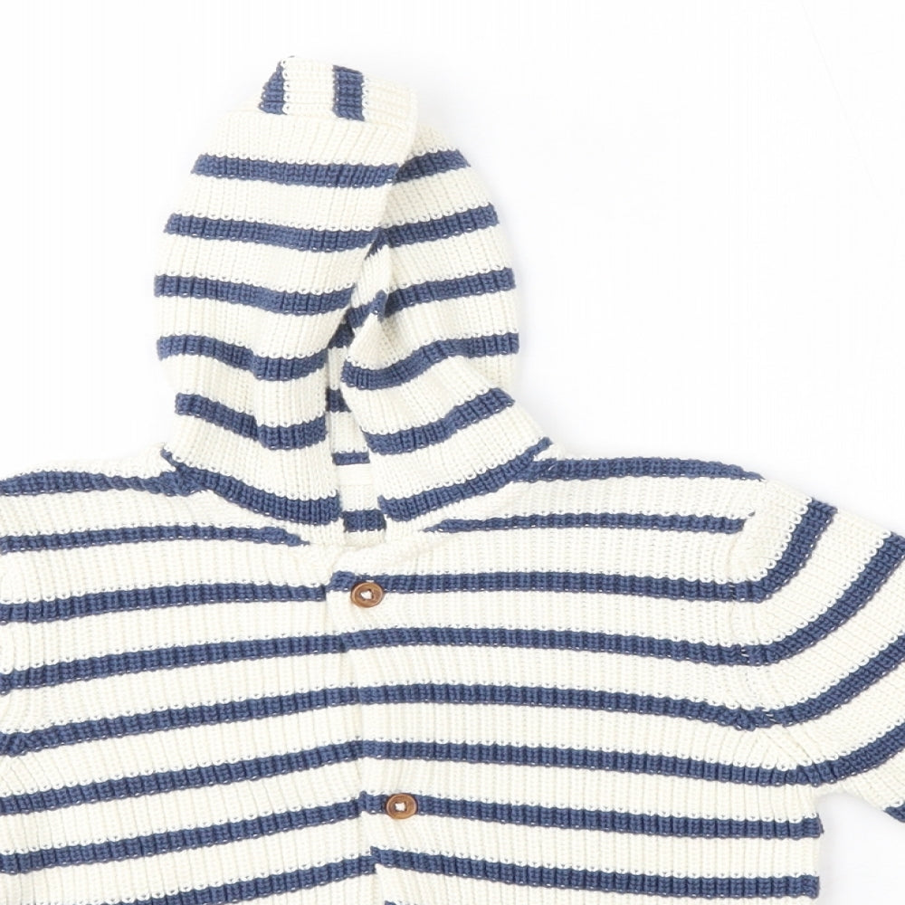 M&S Girls Blue High Neck Striped 100% Cotton Cardigan Jumper Size 2-3 Years