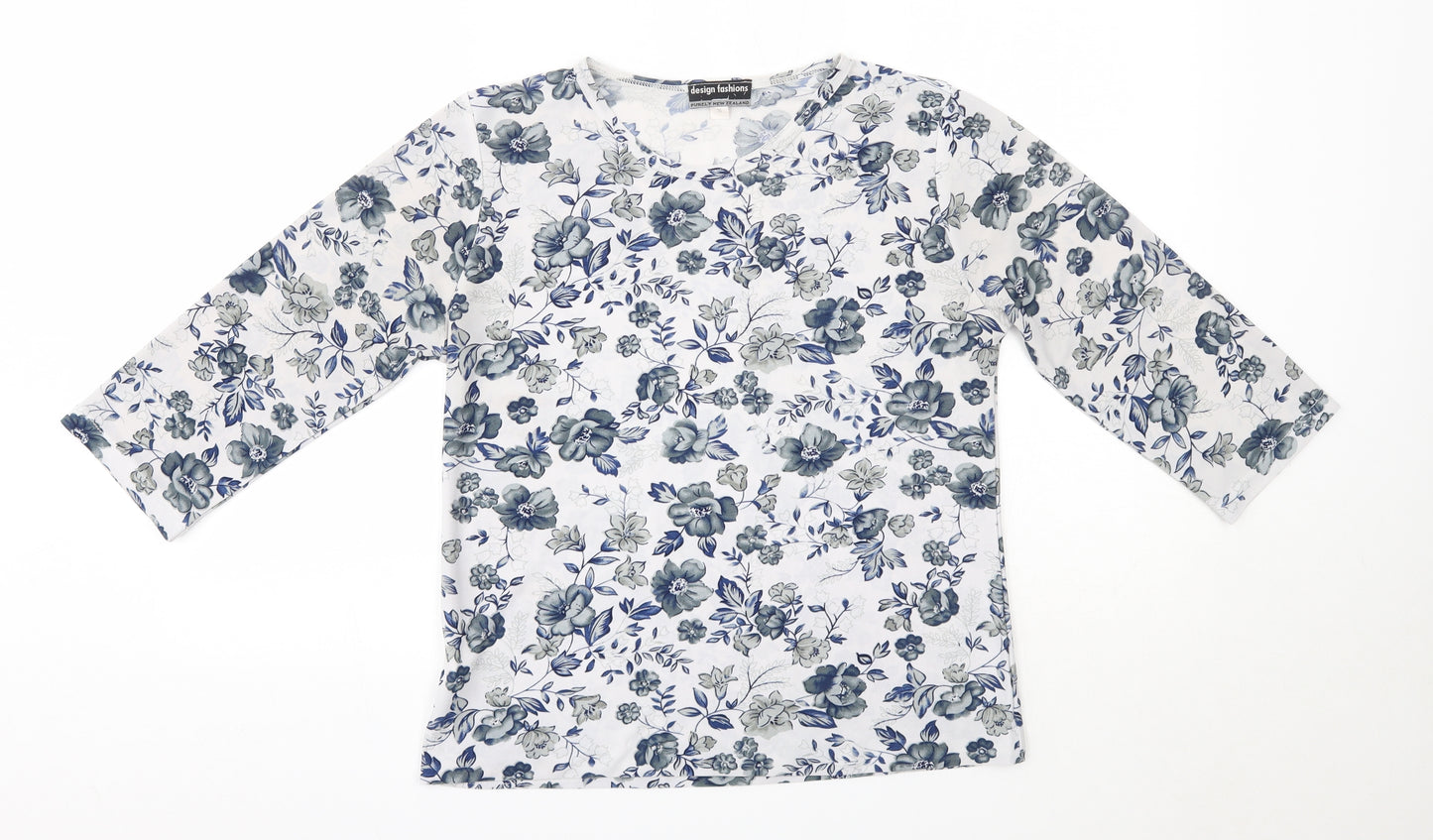 Purely New Zealand Womens Blue Floral Viscose Basic Blouse Size S Round Neck