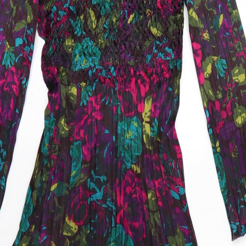 EAST Womens Purple Floral Polyester Fit & Flare  Size 10  V-Neck  - Crinkle stretch like boddice Uneven crease pleated
