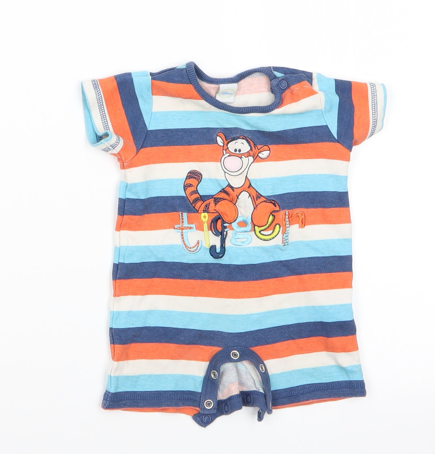 Disney Boys Orange Animal Print Cotton Romper One-Piece Size 0-3 Months  Snap - Tigger with Blue White Orange Stripes