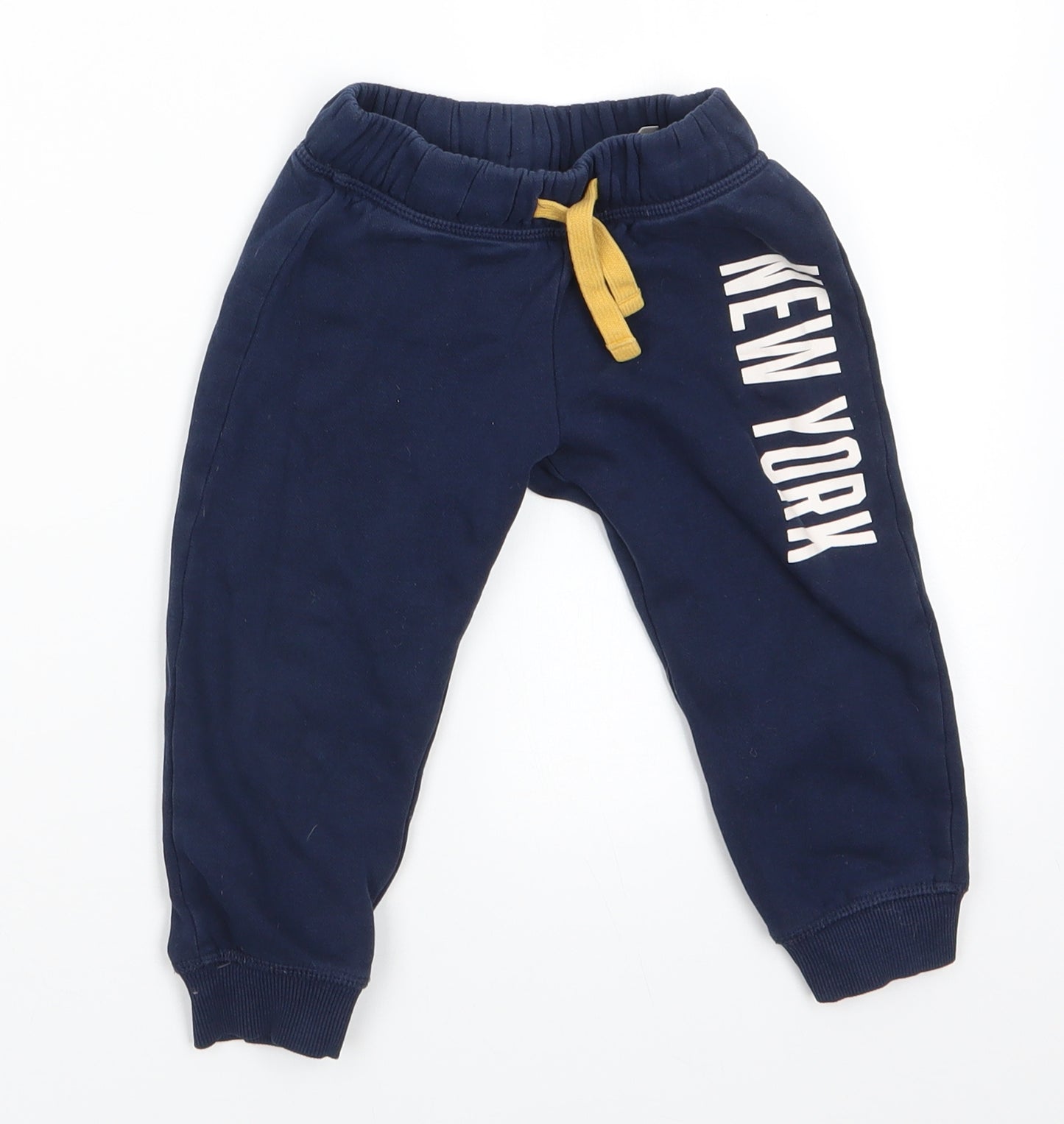 H&M Boys Blue  Cotton Jogger Trousers Size 2-3 Years  Regular Pullover - Navy Blue New York text Graphic Yellow Drawstring
