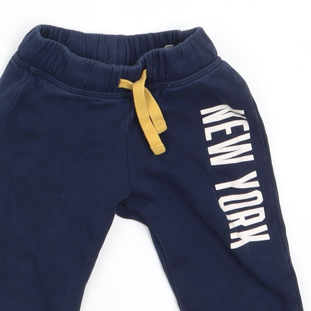H&M Boys Blue  Cotton Jogger Trousers Size 2-3 Years  Regular Pullover - Navy Blue New York text Graphic Yellow Drawstring
