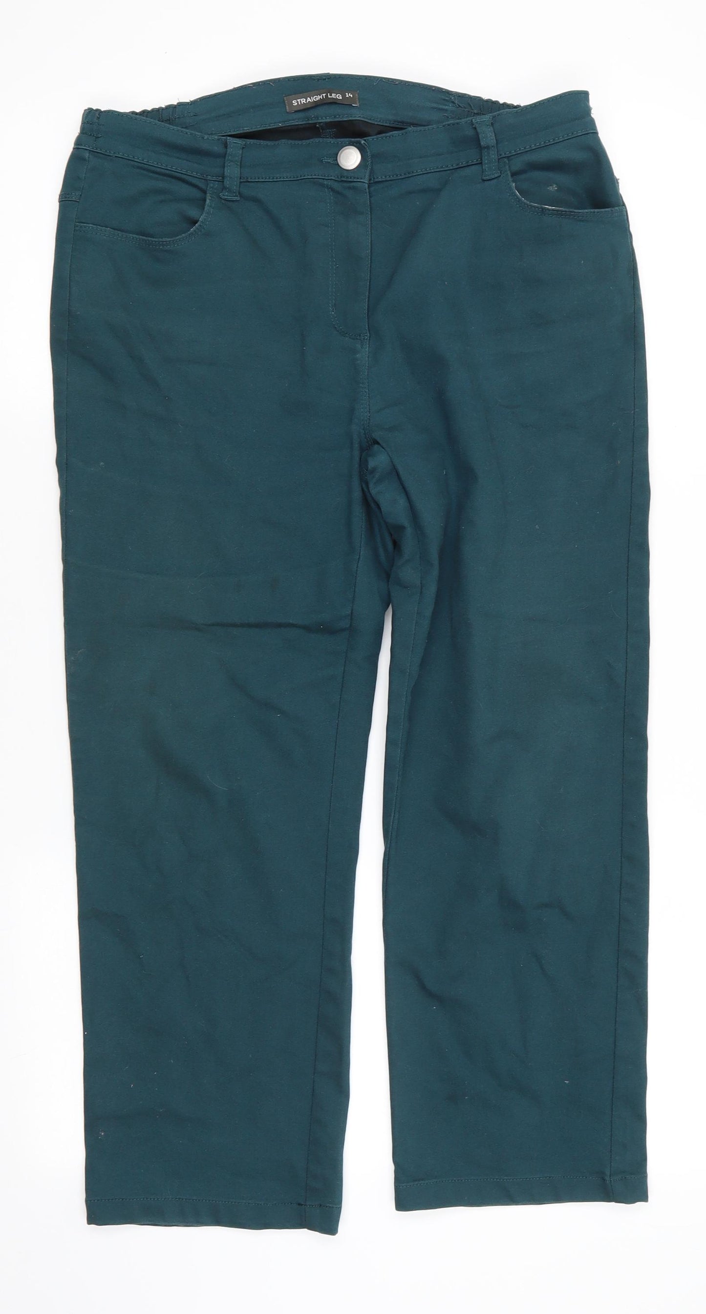 Bonmarché Womens Green  Cotton Cropped Trousers Size 14 L24 in Regular Zip - Dark Green Side Elastication