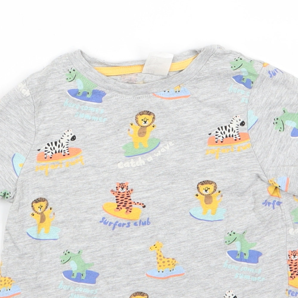 H&M Boys Grey Animal Print Cotton Basic T-Shirt Size 3 Years Round Neck Pullover - Lion Zebra Croc Tiger Surfers Club
