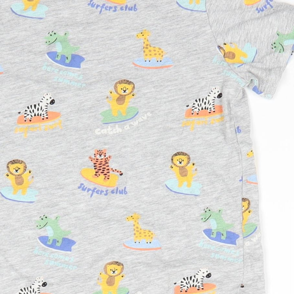 H&M Boys Grey Animal Print Cotton Basic T-Shirt Size 3 Years Round Neck Pullover - Lion Zebra Croc Tiger Surfers Club