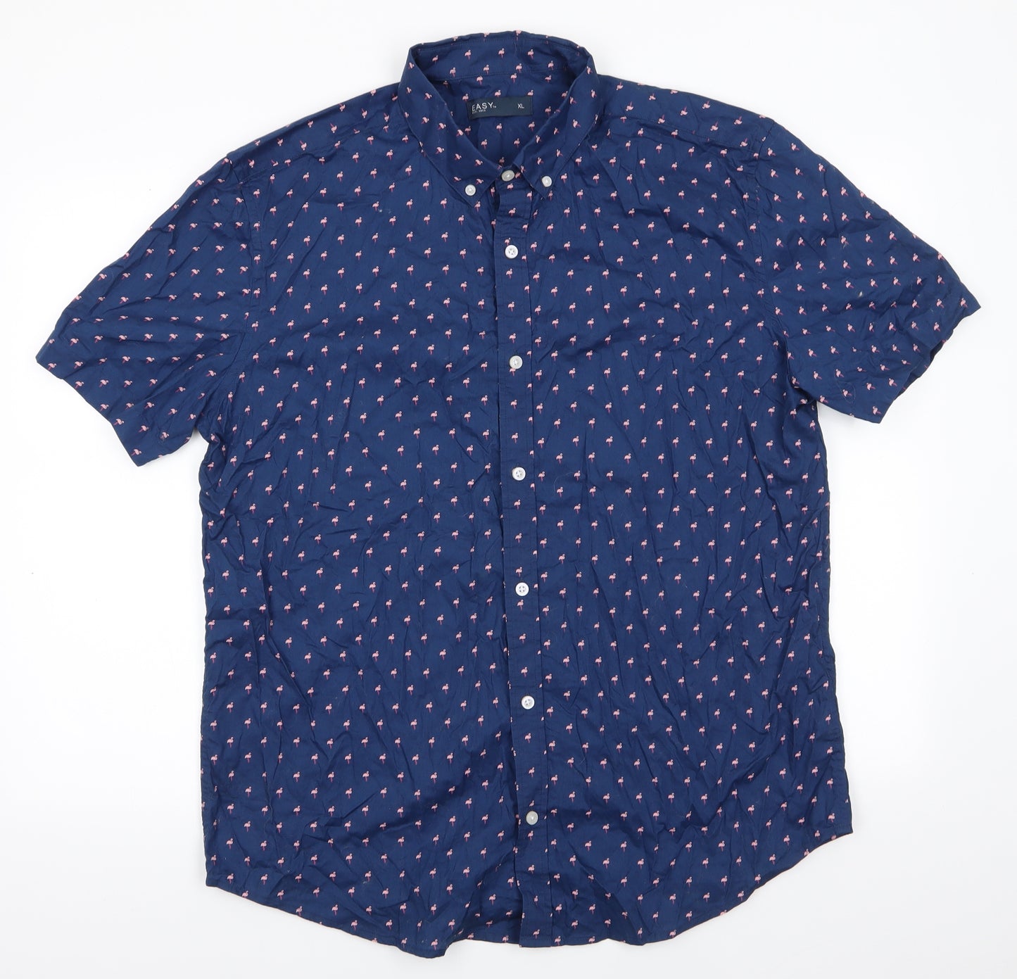Easy Mens Blue Animal Print Cotton  Button-Up Size XL Collared Button - Flamingo Print Buttoned Collar