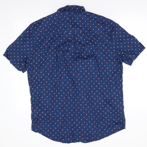 Easy Mens Blue Animal Print Cotton  Button-Up Size XL Collared Button - Flamingo Print Buttoned Collar