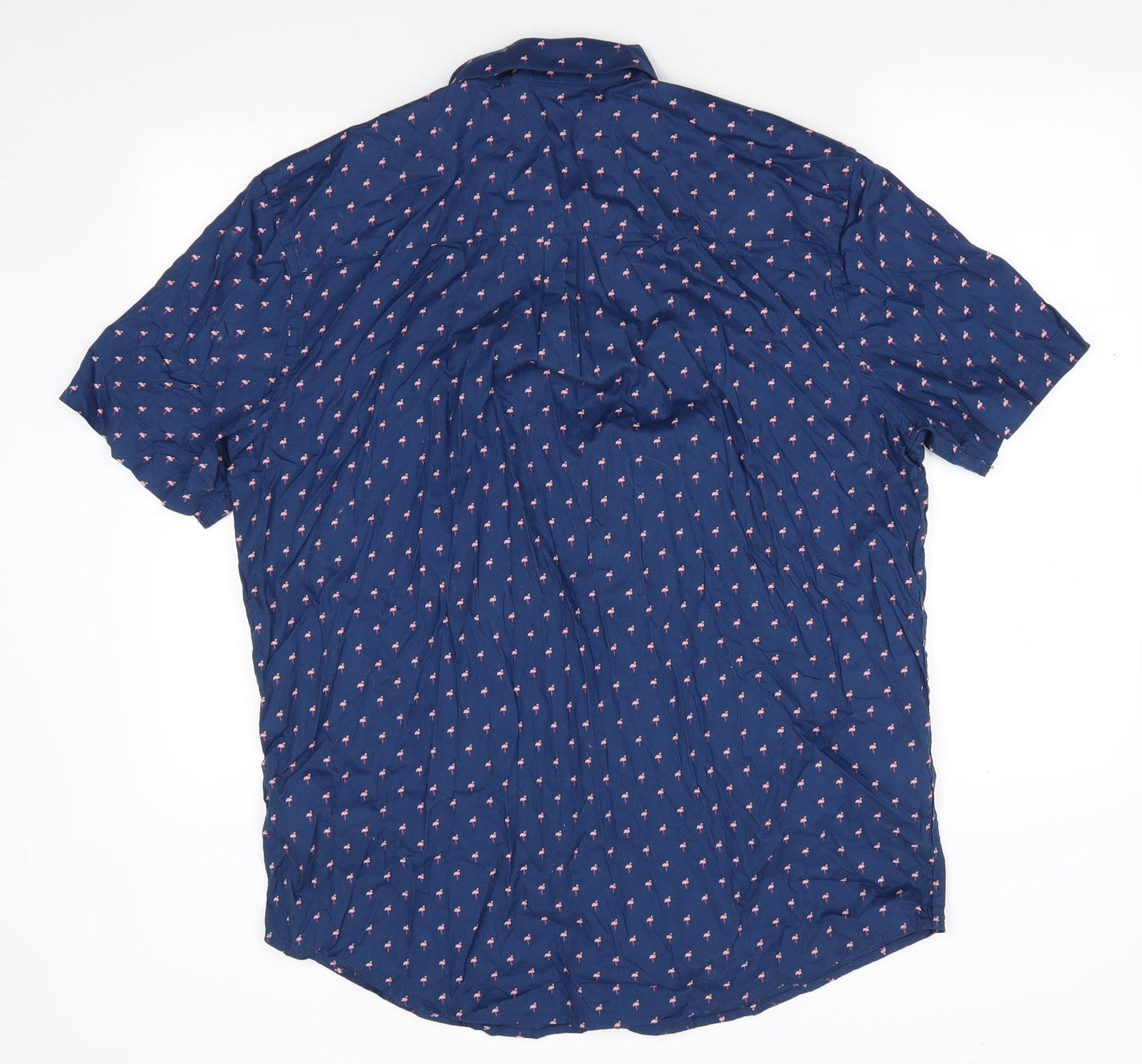 Easy Mens Blue Animal Print Cotton  Button-Up Size XL Collared Button - Flamingo Print Buttoned Collar
