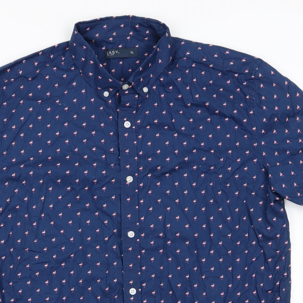 Easy Mens Blue Animal Print Cotton  Button-Up Size XL Collared Button - Flamingo Print Buttoned Collar