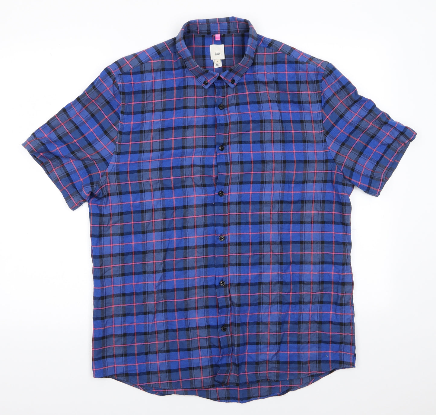 River Island Mens Blue Check Cotton  Button-Up Size L Collared Button - Buttoned Collar Blue Pink Black Check