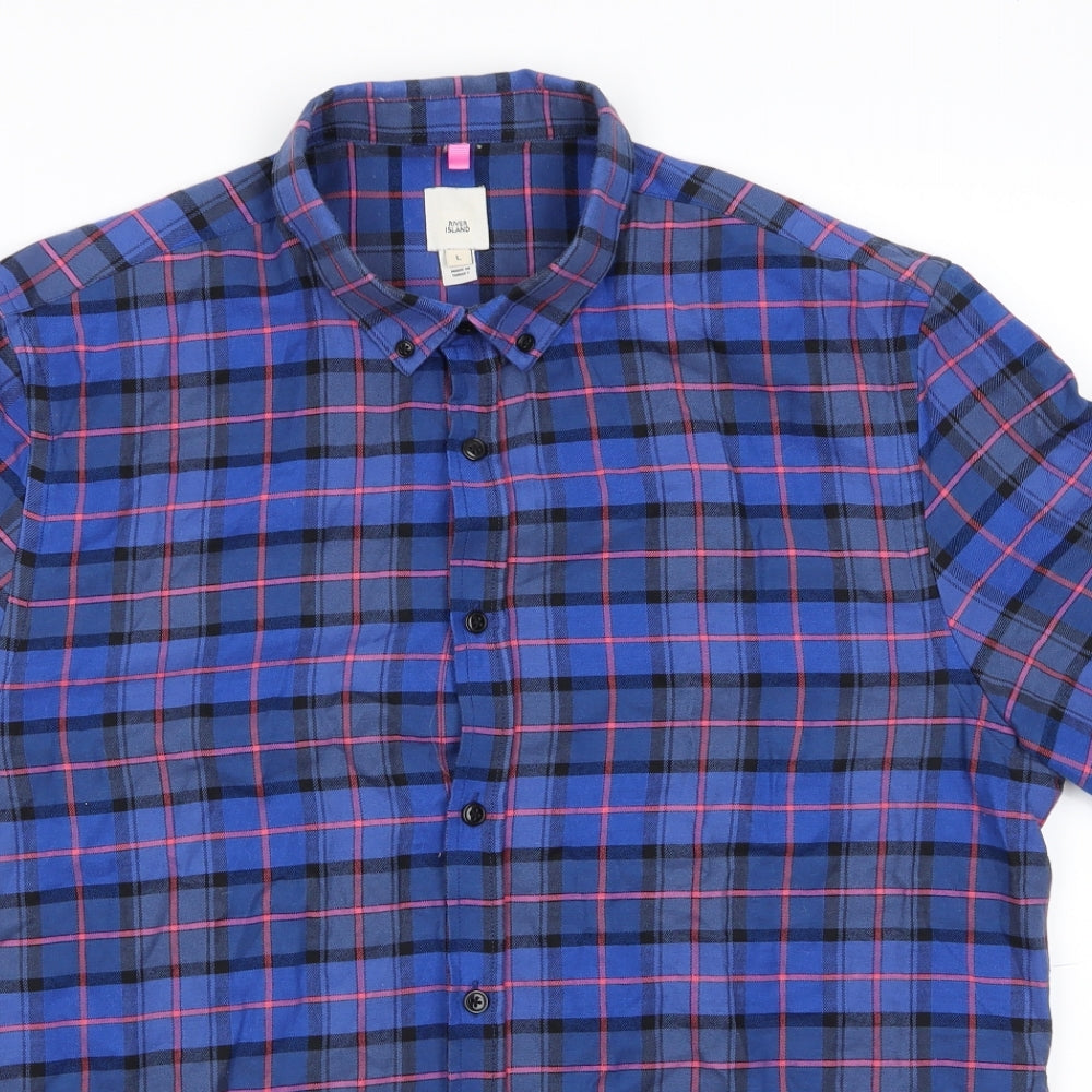River Island Mens Blue Check Cotton  Button-Up Size L Collared Button - Buttoned Collar Blue Pink Black Check