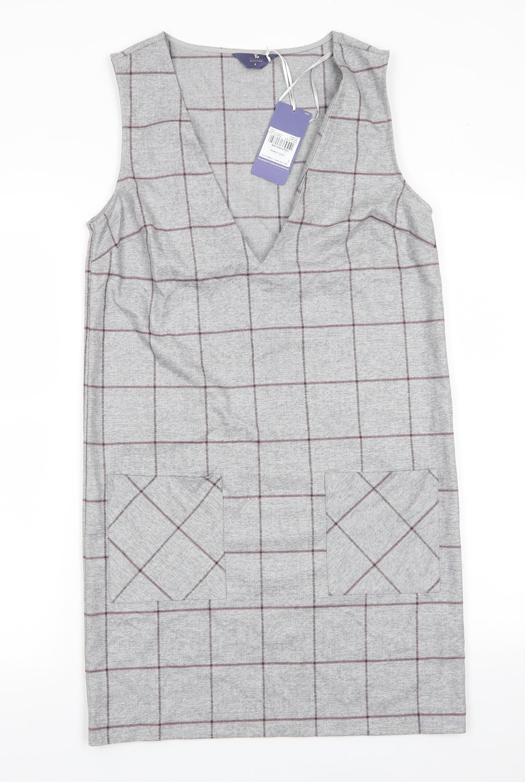TU Womens Grey Check Polyester Tank Dress  Size 8  V-Neck Pullover - Light Charcoal Grey with Deep red check