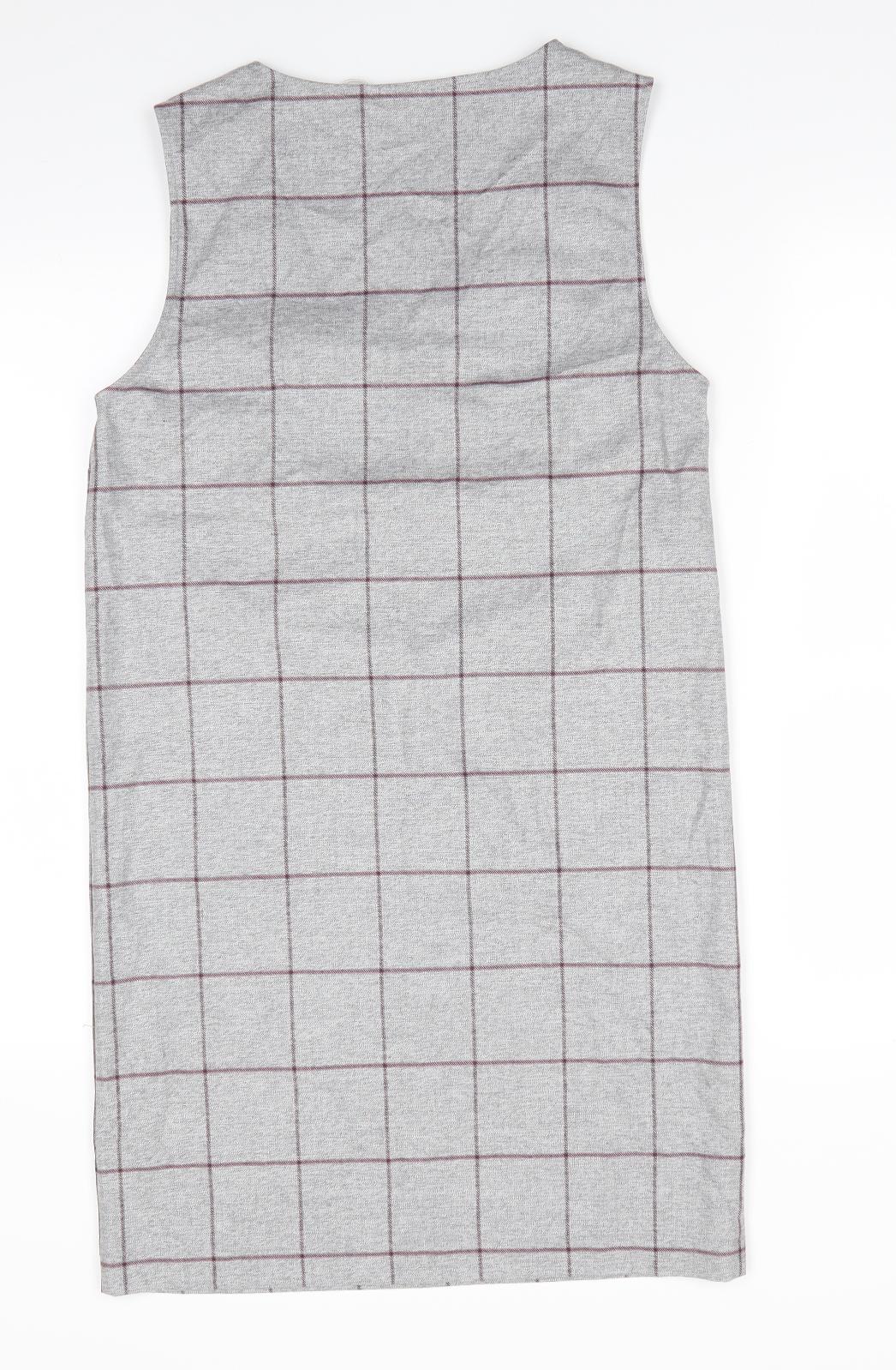 TU Womens Grey Check Polyester Tank Dress  Size 8  V-Neck Pullover - Light Charcoal Grey with Deep red check