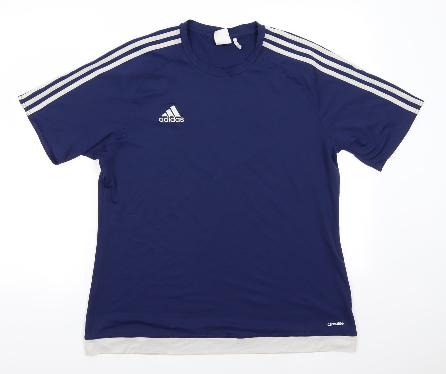 adidas Mens Blue Striped Polyester Basic T-Shirt Size L Round Neck Pullover - Navy Blue Climate