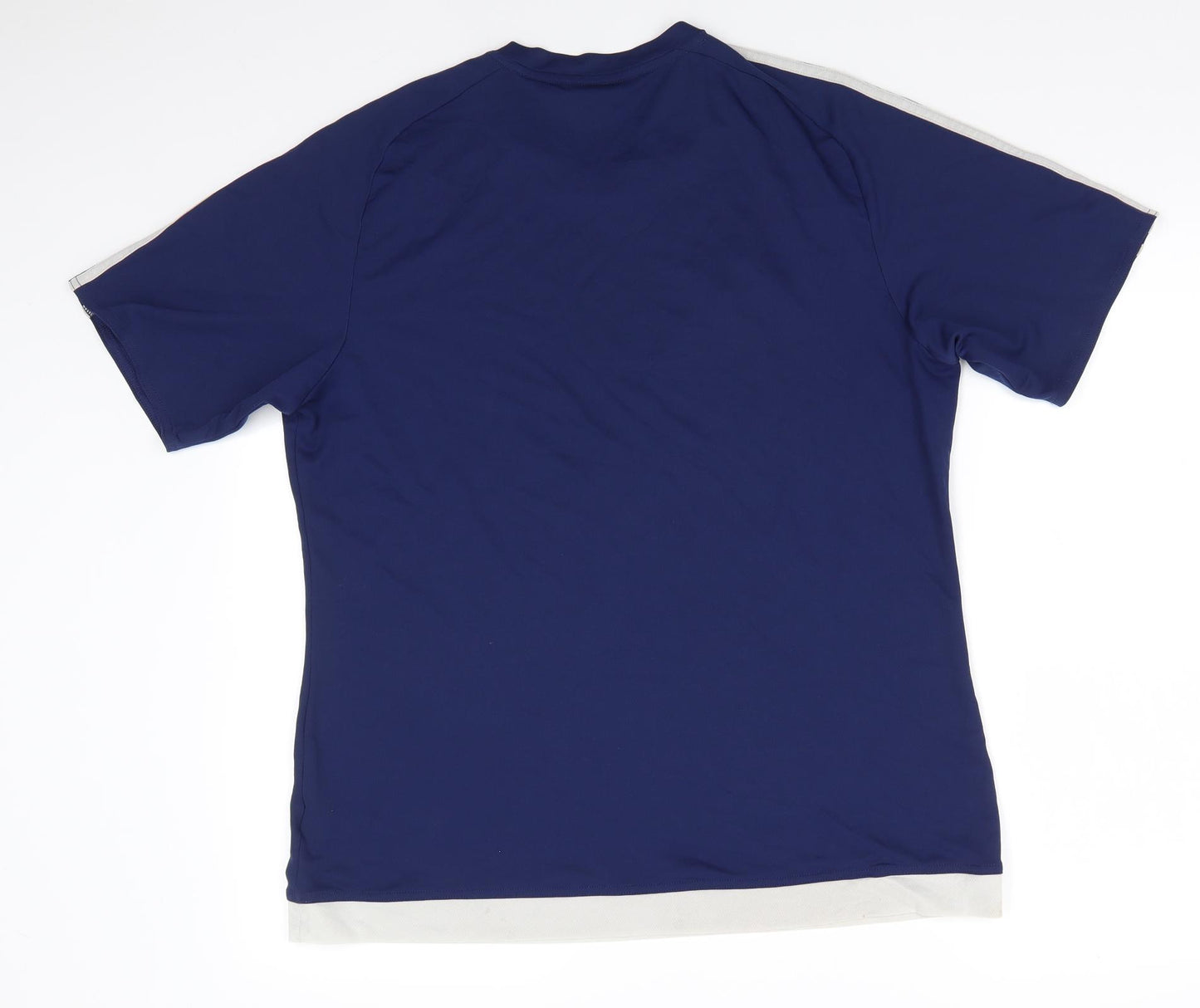 adidas Mens Blue Striped Polyester Basic T-Shirt Size L Round Neck Pullover - Navy Blue Climate