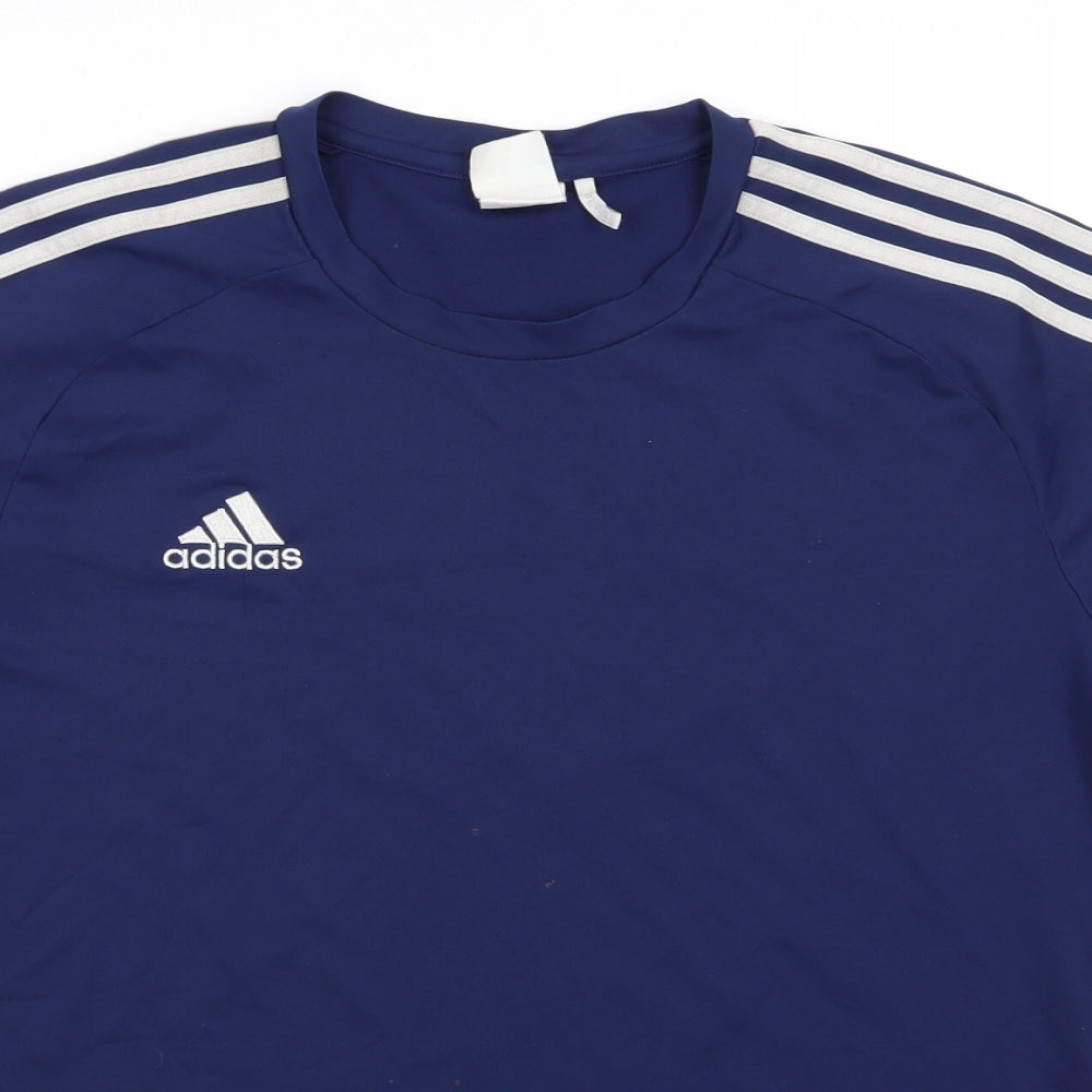 adidas Mens Blue Striped Polyester Basic T-Shirt Size L Round Neck Pullover - Navy Blue Climate