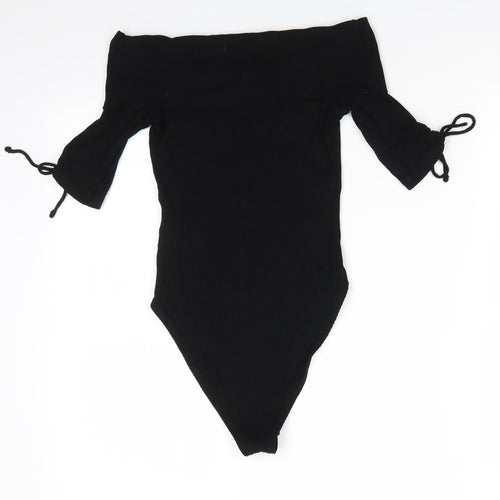 Topshop Womens Black  Viscose Bodysuit One-Piece Size 8  Snap - Drawstring sleeves Ribbed fabric