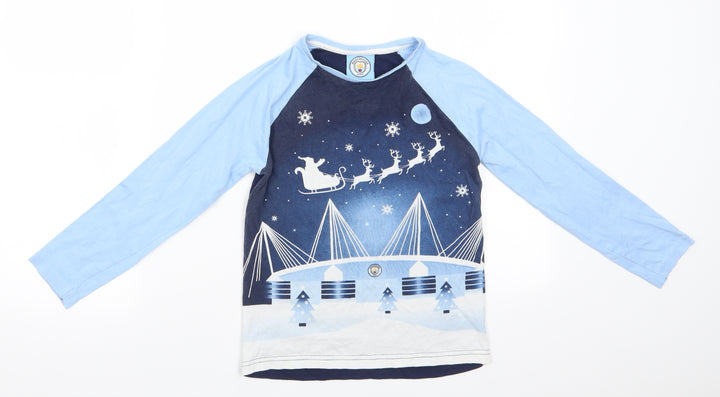 Manchester City Boys Blue Animal Print Cotton  Pyjama Top Size 8-9 Years  Pullover - Santa's Sleigh & Reindeer