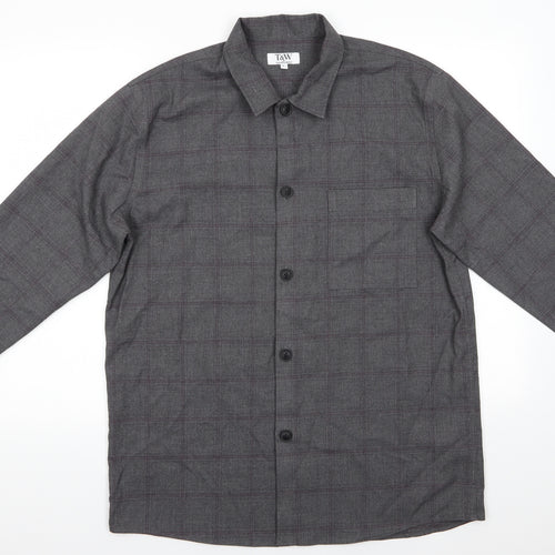 T&W by Taylor & Wright Mens Grey Check Polyester  Button-Up Size L Collared Button - Dark Grey with Fine Burgandy Line checks