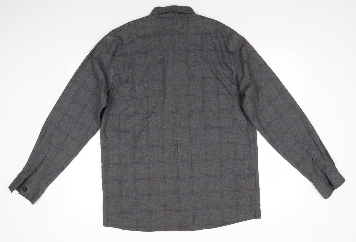 T&W by Taylor & Wright Mens Grey Check Polyester  Button-Up Size L Collared Button - Dark Grey with Fine Burgandy Line checks
