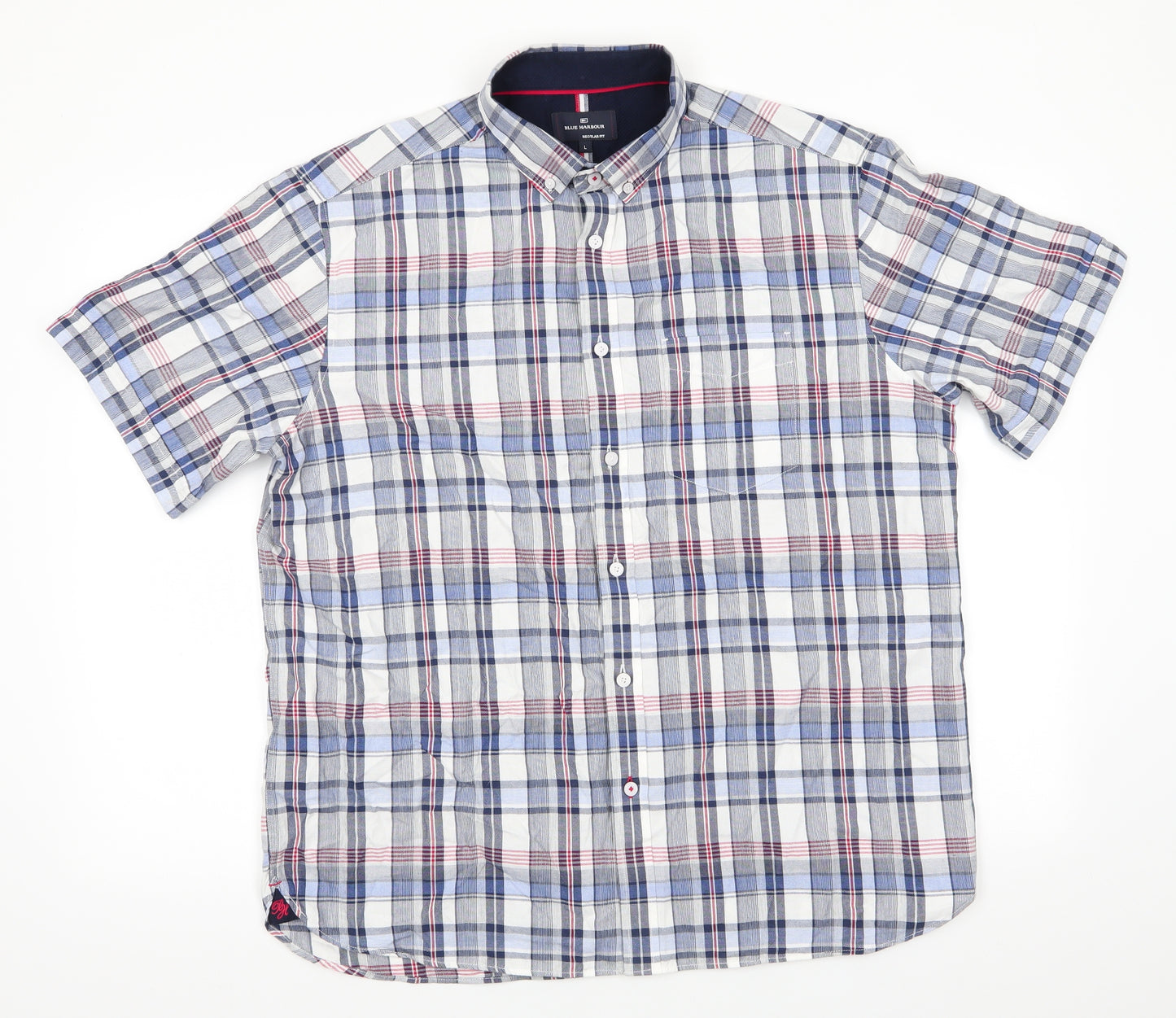 Blue Harbour Mens Blue Check Cotton  Button-Up Size L Collared Button - Buttoned Collar Red White Blue Check