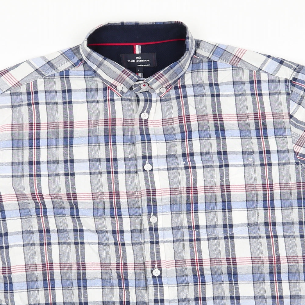Blue Harbour Mens Blue Check Cotton  Button-Up Size L Collared Button - Buttoned Collar Red White Blue Check