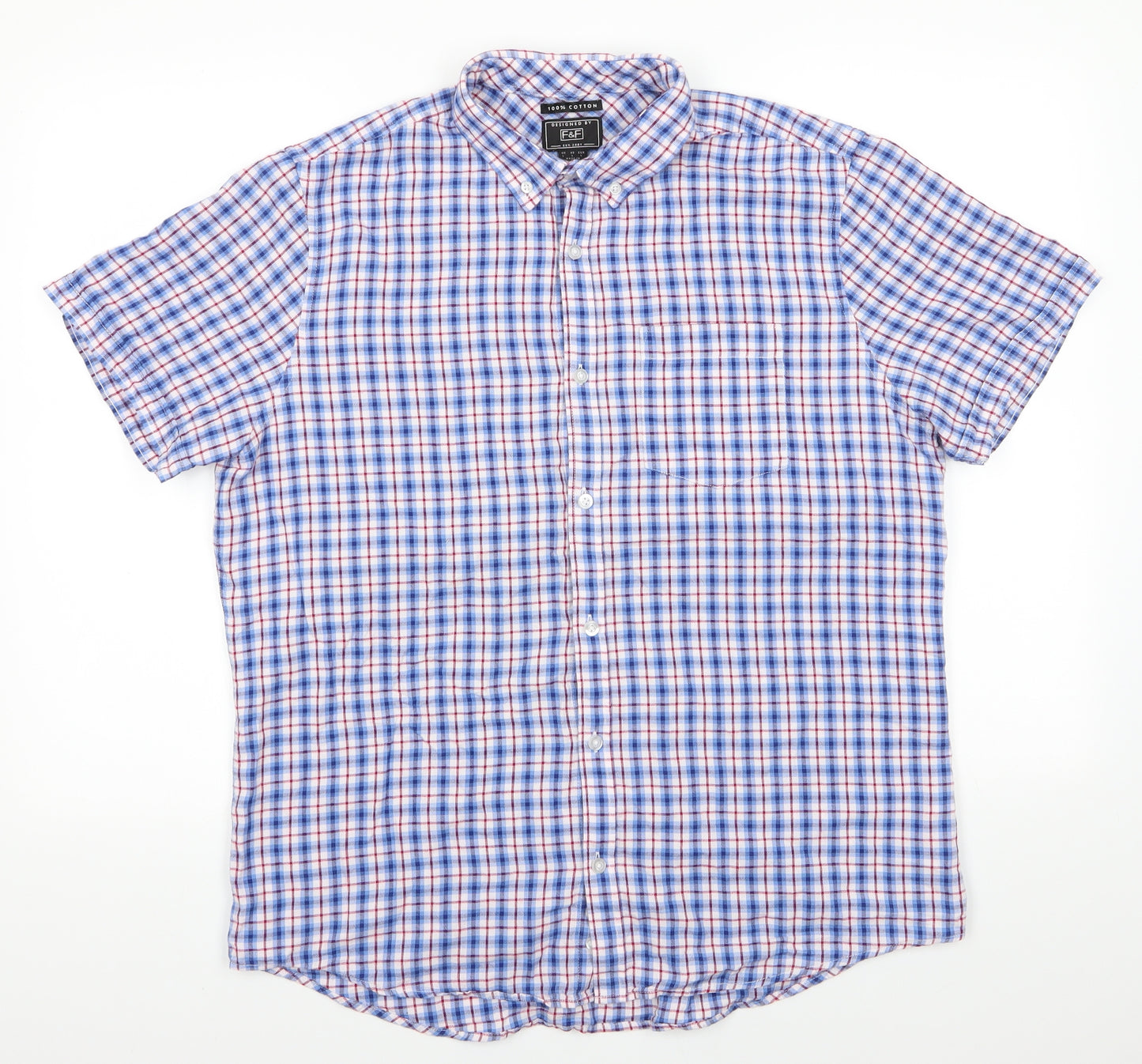 Florence and Fred Mens Blue Check Cotton  Button-Up Size L Collared Button - Buttoned Collar - Blue Red White check